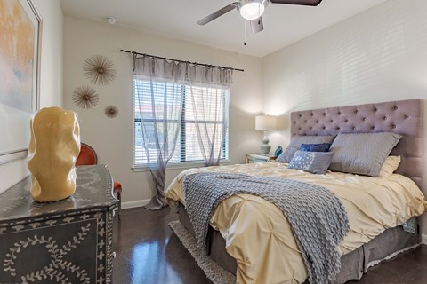 Bedrooms with Ceiling Fan, Large Window and Dresser  at Legacy Brooks, San Antonio, 78223